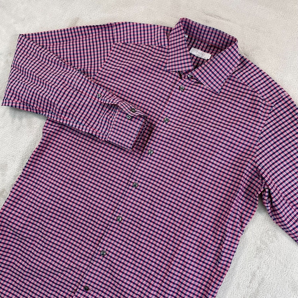 ETON Contemporary Shirt Men 42 16.5‎ Large Pink Navy Plaid Designer Long Sleeve